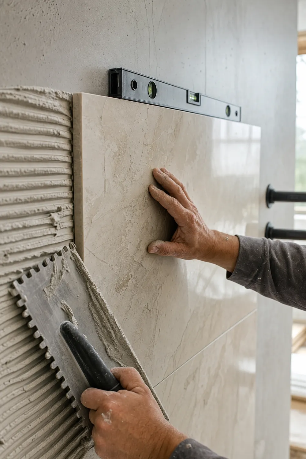 Tile craftsman precisely setting a large-format marble tile